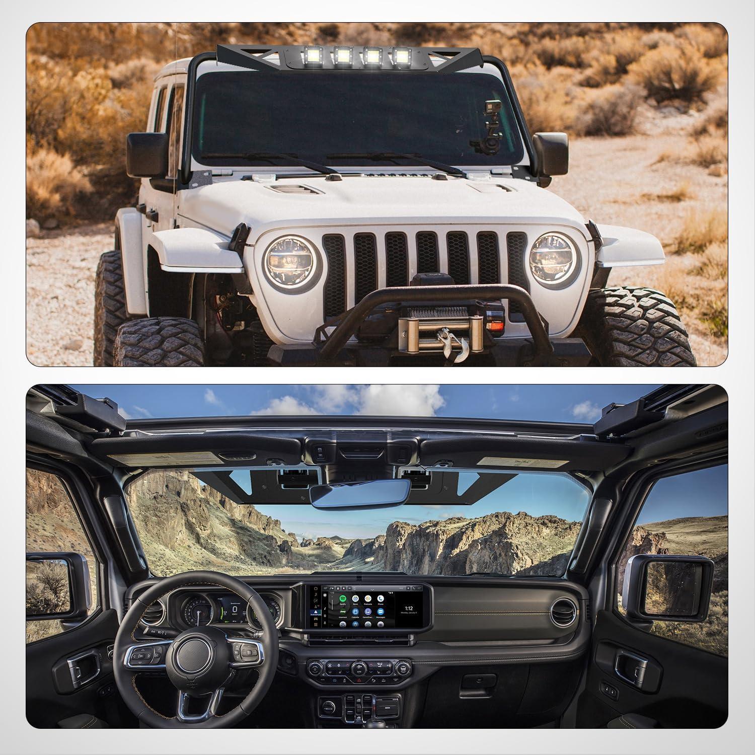 image:imageNilight Front Windshield Frame Cover Roof Sun Visor Cowl Body Armor with 4 x LED Lights Compatible with 20072018 Jeep Wrangler JK JKU Unlimited Windscreen Rack Protector StandJK Windshield Frame Cover
