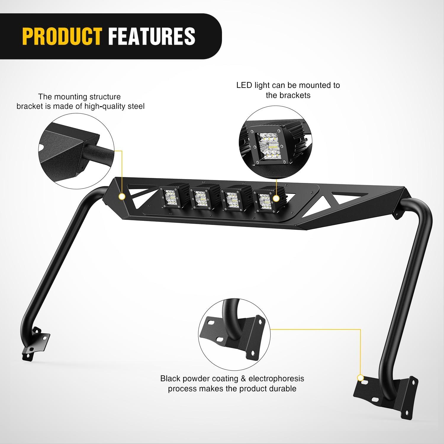 image:imageNilight Front Windshield Frame Cover Roof Sun Visor Cowl Body Armor with 4 x LED Lights Compatible with 20072018 Jeep Wrangler JK JKU Unlimited Windscreen Rack Protector StandJK Windshield Frame Cover