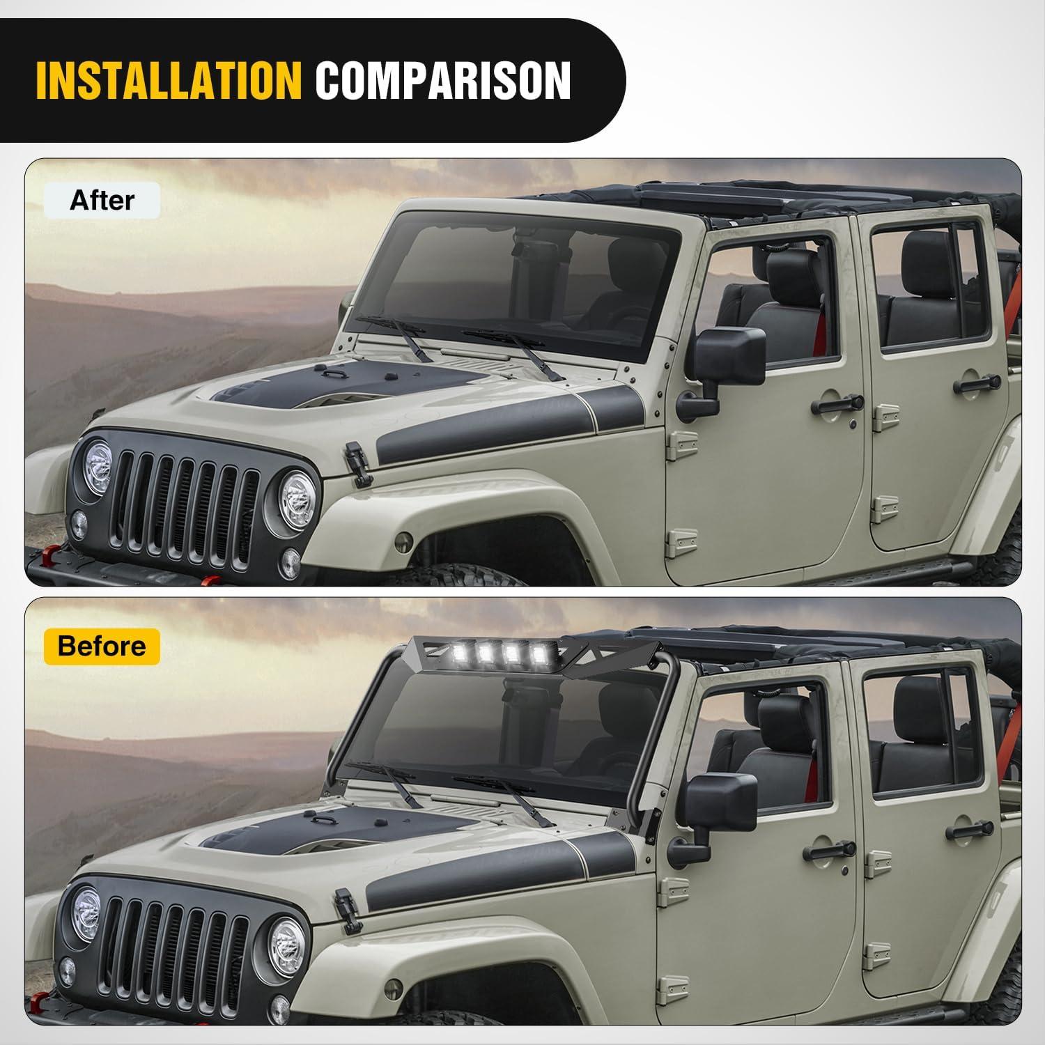 image:imageNilight Front Windshield Frame Cover Roof Sun Visor Cowl Body Armor with 4 x LED Lights Compatible with 20072018 Jeep Wrangler JK JKU Unlimited Windscreen Rack Protector StandJK Windshield Frame Cover