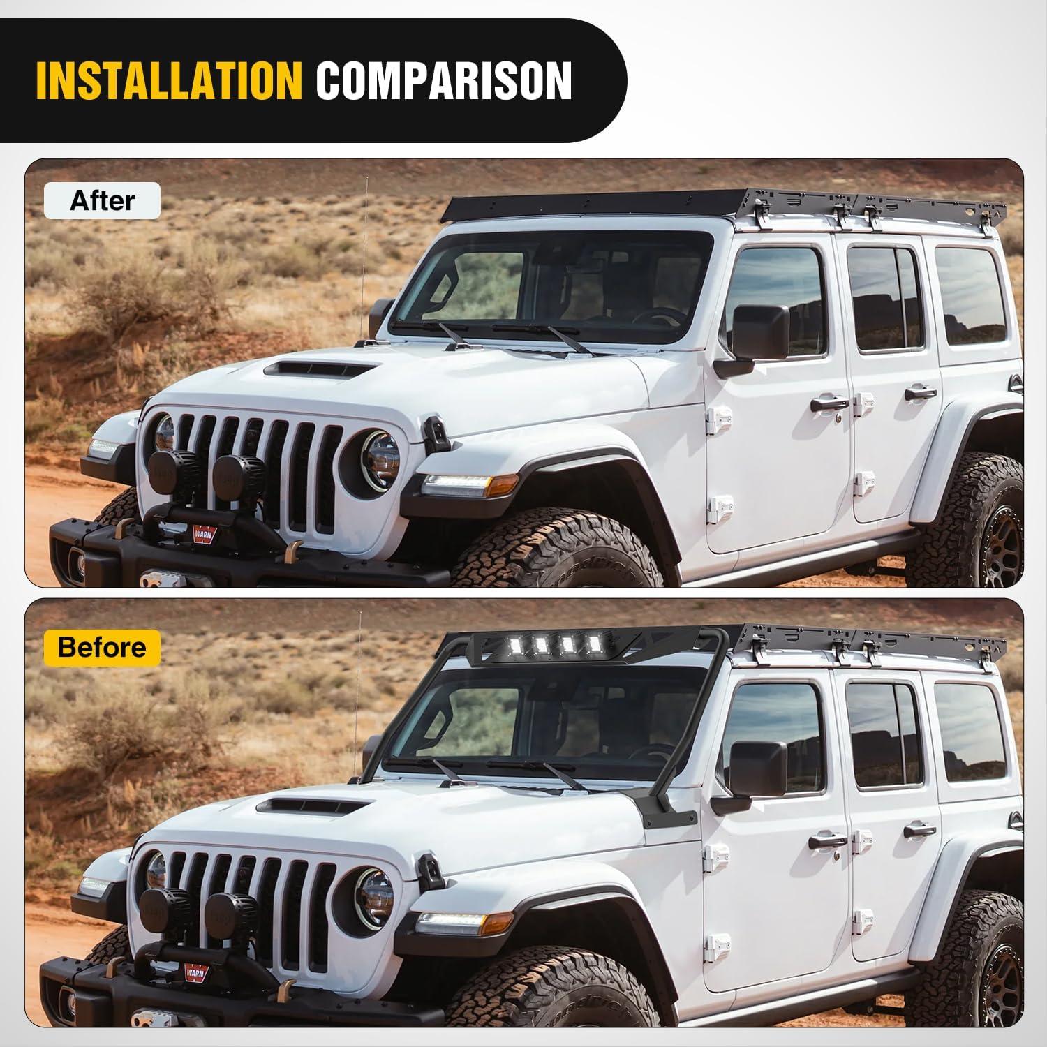image:imageNilight Front Windshield Frame Cover Roof Sun Visor Cowl Body Armor with 4 x LED Lights Compatible with 20072018 Jeep Wrangler JK JKU Unlimited Windscreen Rack Protector StandJLJT Windshield Frame Cover