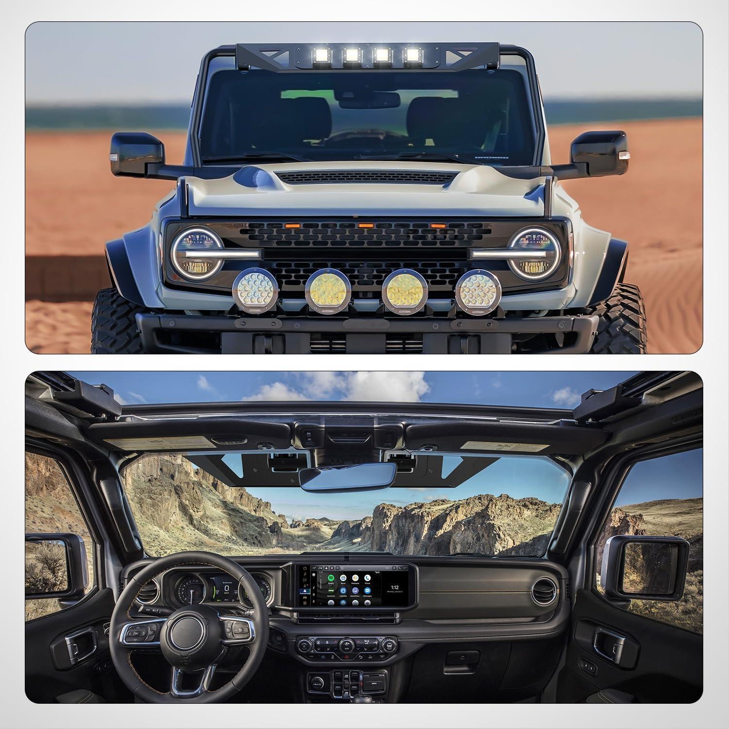 image:imageNilight Windshield Frame Cover Light Bracket for 2021 2022 2023 2024 2025 2026 New Ford Bronco 24 Door Accessories Roof Sun Visor Cowl Body Armor with 4 x LED Lights BlackWindshield Frame Cover Light Bracket