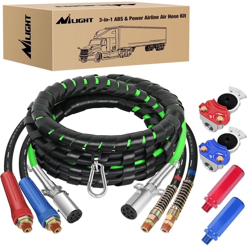 image:imageNilight 12 FT Air Line Hose Assembly Rubber with 12 NPT Swivel Fitting Straight Heavy Duty Power Hoses Set Spring Guard Grips DOT Fittings for Semi Truck Trailer Tractor15FT Air Lines with Glad Hands Grips
