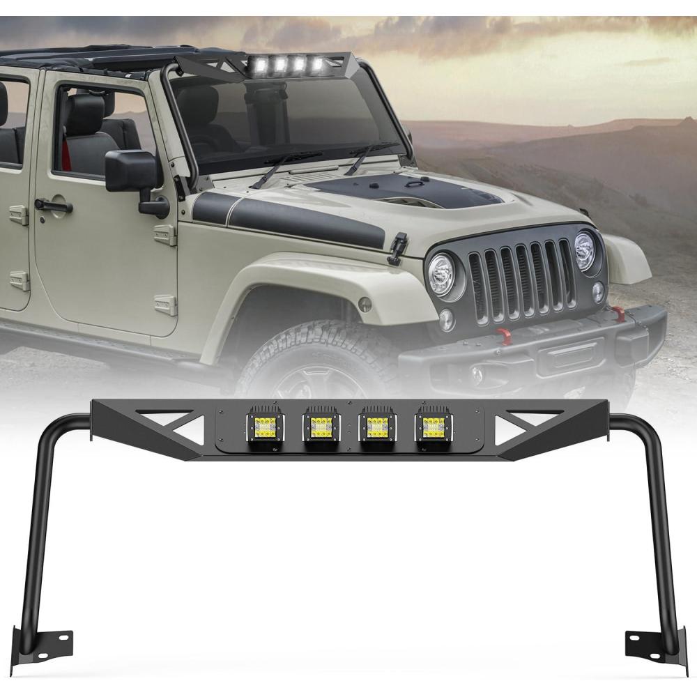 image:imageNilight Front Windshield Frame Cover Roof Sun Visor Cowl Body Armor with 4 x LED Lights Compatible with 20072018 Jeep Wrangler JK JKU Unlimited Windscreen Rack Protector StandJK Windshield Frame Cover