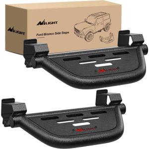 Nilight Windshield Frame Cover Light Bracket for 2021 2022 2023 2024 2025 2026 New Ford Bronco 2/4 Door Accessories Roof Sun Visor Cowl Body Armor with 4 x LED Lights Black(Side Steps 2Pcs)