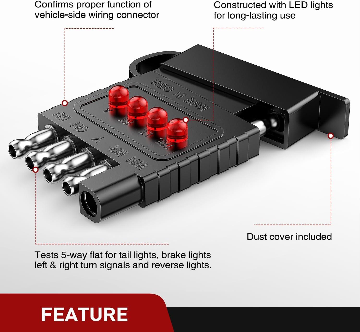 image:imageNilight 5 Way Flat Trailer Wiring Tester Male Female Double End Wire Circuit 5 Pin Light Test with LED Indicator for Turn Signal Brake Reverse Tail Lights Trouble Shooting