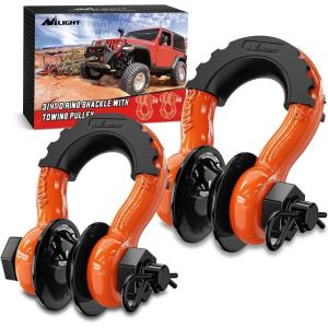 Nilight Heavy Duty Mega D-Ring Shackles(2 Pack) w/ 7/8″ Screw Pin & isolators, 68,000 lb Break Strength(17,000 lb WLL), Forged Steel Off-Road Recovery Shackles for Tow Strap & Winch Gear, White(Orange 3/4″ w/Towing Pulley 2 Pack)