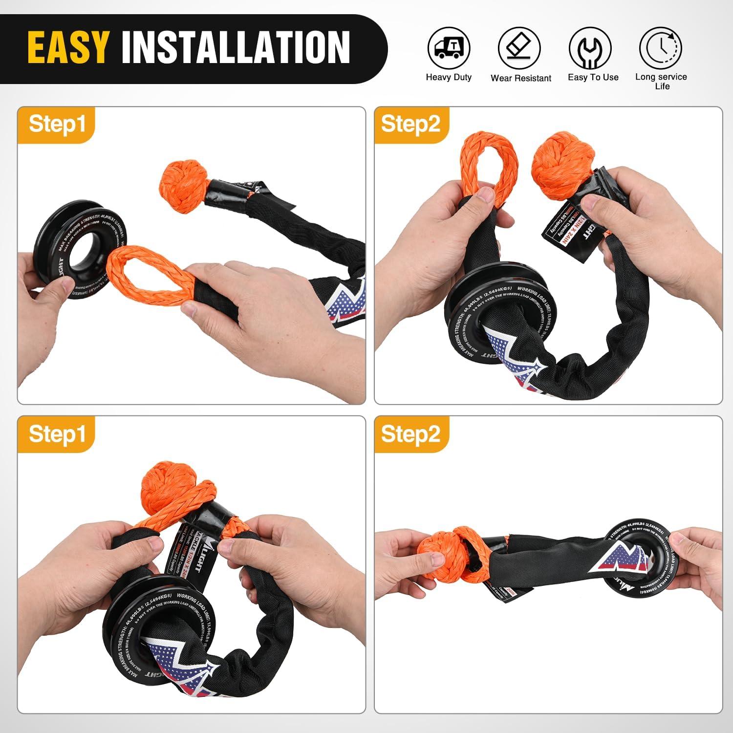 image:imageNilight 2PCS Synthetic Soft Shackle 12 x 24 amp Recovery Ring Kit 56000 LBS Shackle Breaking Strength with 46000 LBS MBS Snatch Pulley for 4x4 Truck SUV ATV UTV OffRoad Vehicle Extraction Gray1Pc Shackles Orange Snatch Ring