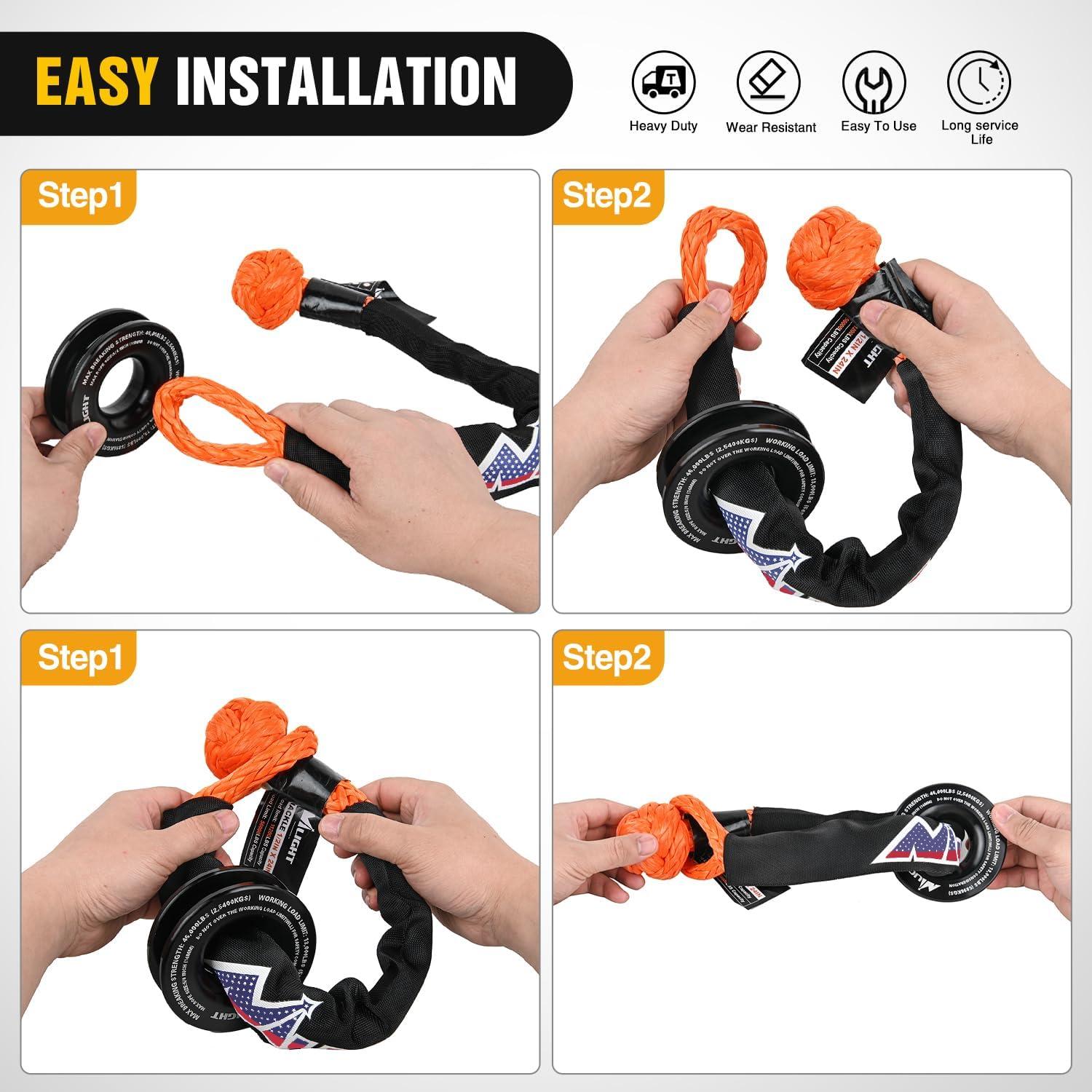 image:imageNilight 2PCS Synthetic Soft Shackle 12 x 24 amp Recovery Ring Kit 56000 LBS Shackle Breaking Strength with 46000 LBS MBS Snatch Pulley for 4x4 Truck SUV ATV UTV OffRoad Vehicle Extraction Gray2Pc Shackles Orange Snatch Ring Black