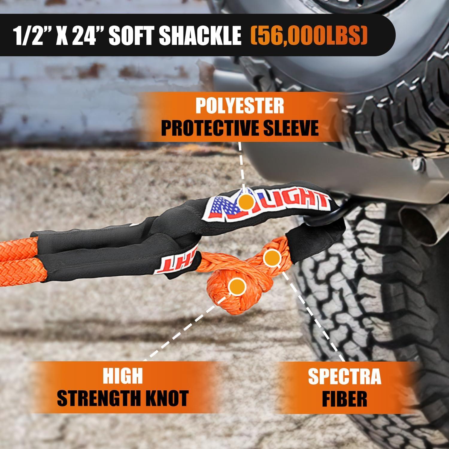 image:imageNilight 2PCS Synthetic Soft Shackle 12 x 24 amp Recovery Ring Kit 56000 LBS Shackle Breaking Strength with 46000 LBS MBS Snatch Pulley for 4x4 Truck SUV ATV UTV OffRoad Vehicle Extraction Gray1in x 30ft Rope2Pcs Shackles