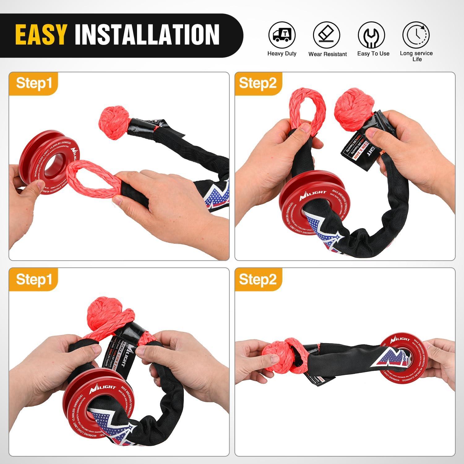 image:imageNilight 2PCS Synthetic Soft Shackle 12 x 24 amp Recovery Ring Kit 56000 LBS Shackle Breaking Strength with 46000 LBS MBS Snatch Pulley for 4x4 Truck SUV ATV UTV OffRoad Vehicle Extraction Gray2Pc Shackles Red Snatch Ring Red