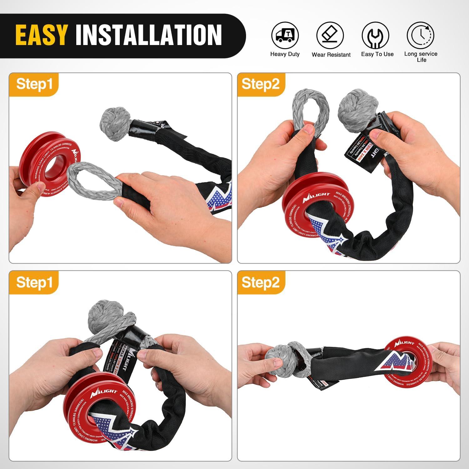 image:imageNilight 2PCS Synthetic Soft Shackle 12 x 24 amp Recovery Ring Kit 56000 LBS Shackle Breaking Strength with 46000 LBS MBS Snatch Pulley for 4x4 Truck SUV ATV UTV OffRoad Vehicle Extraction Gray2Pc Shackles Grey Snatch Ring Red