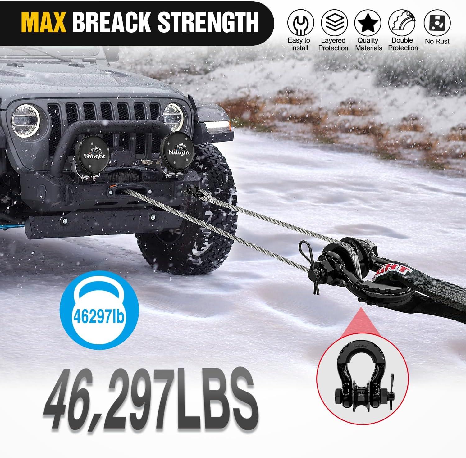 image:imageNilight 34 inch D Ring Shackle 2 Pack 19T 41887 lbs Break Strength 475T WLL Heavy Duty Towing Hook with AntiTheft System AntiRattle Isolators for Truck Jeep SUV ATV UTV Recovery BlackBlack 34 wTowing Pulley 2 Pack