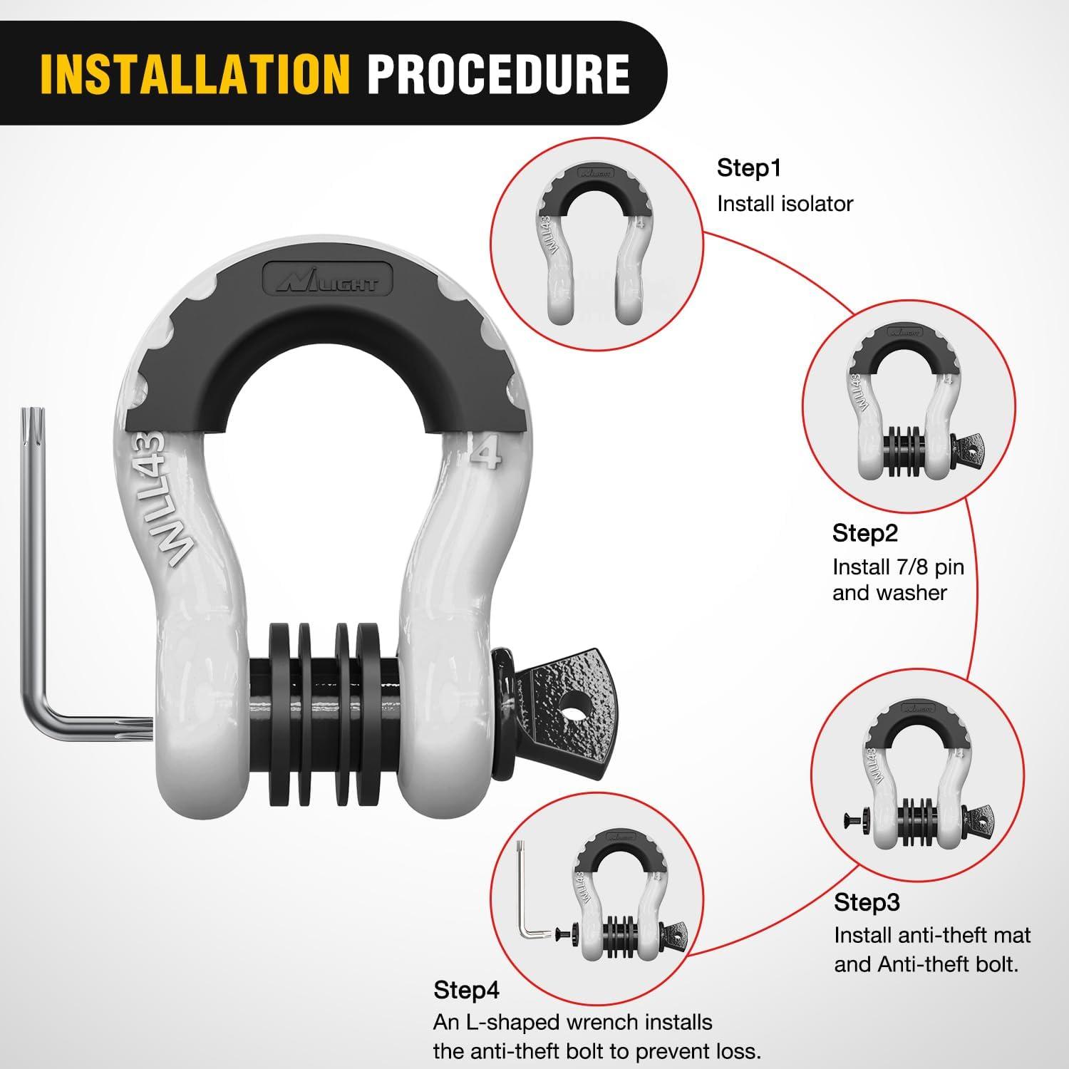 image:imageNilight 34 inch D Ring Shackle 2 Pack 19T 41887 lbs Break Strength 475T WLL Heavy Duty Towing Hook with AntiTheft System AntiRattle Isolators for Truck Jeep SUV ATV UTV Recovery BlackWhite 34 wAntiTheft Shackle
