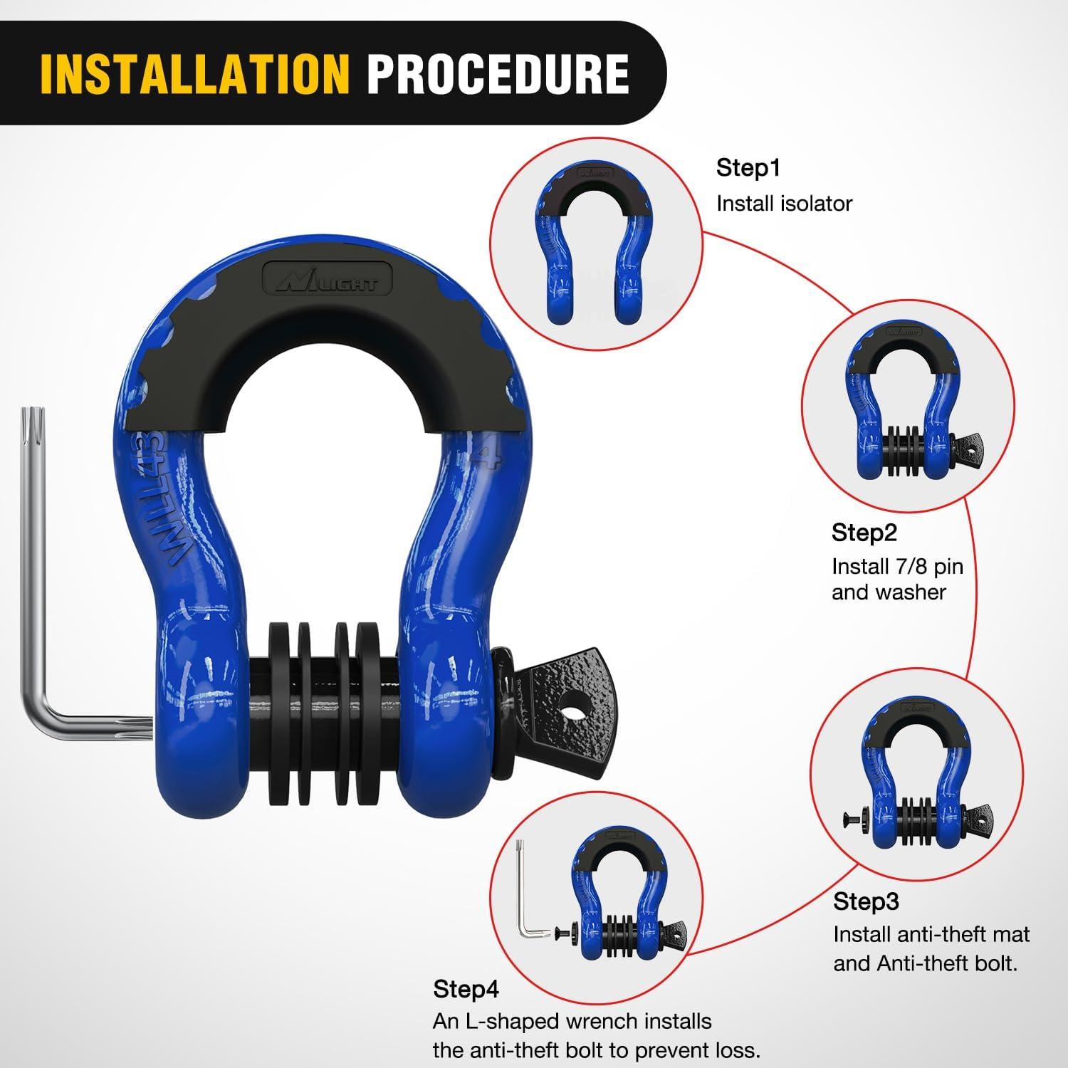 image:imageNilight 34 inch D Ring Shackle 2 Pack 19T 41887 lbs Break Strength 475T WLL Heavy Duty Towing Hook with AntiTheft System AntiRattle Isolators for Truck Jeep SUV ATV UTV Recovery BlackBlue 34 wAntiTheft Shackle