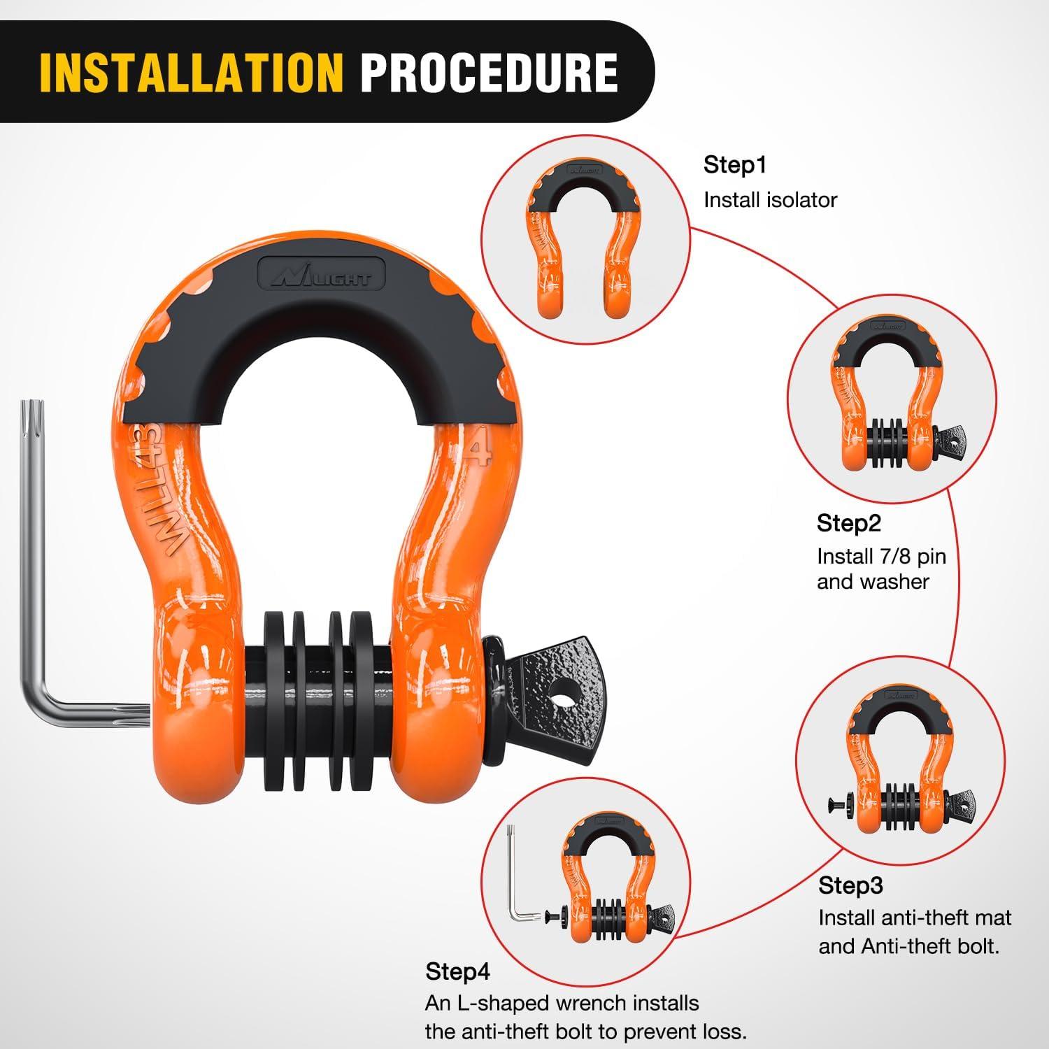 image:imageNilight 34 inch D Ring Shackle 2 Pack 19T 41887 lbs Break Strength 475T WLL Heavy Duty Towing Hook with AntiTheft System AntiRattle Isolators for Truck Jeep SUV ATV UTV Recovery BlackOrange 34 wAntiTheft Shackle