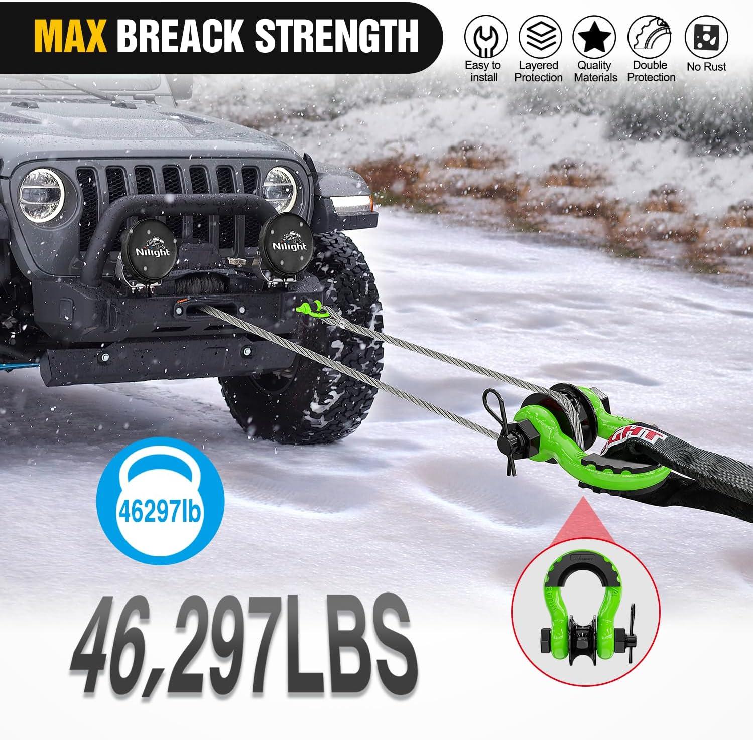 image:imageNilight 34 inch D Ring Shackle 2 Pack 19T 41887 lbs Break Strength 475T WLL Heavy Duty Towing Hook with AntiTheft System AntiRattle Isolators for Truck Jeep SUV ATV UTV Recovery BlackGreen 34 wTowing Pulley 2 Pack