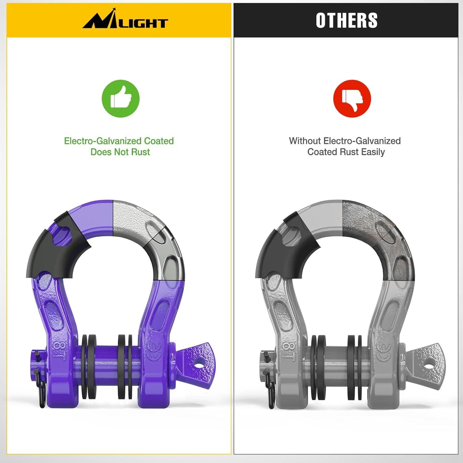 image:imageNilight 34 inch D Ring Shackle 2 Pack 19T 41887 lbs Break Strength 475T WLL Heavy Duty Towing Hook with AntiTheft System AntiRattle Isolators for Truck Jeep SUV ATV UTV Recovery BlackPurple31 Ton Mega