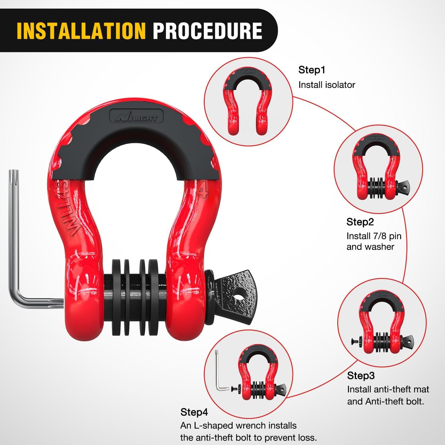 image:imageNilight 34 inch D Ring Shackle 2 Pack 19T 41887 lbs Break Strength 475T WLL Heavy Duty Towing Hook with AntiTheft System AntiRattle Isolators for Truck Jeep SUV ATV UTV Recovery BlackRed 34 wAntiTheft Shackle