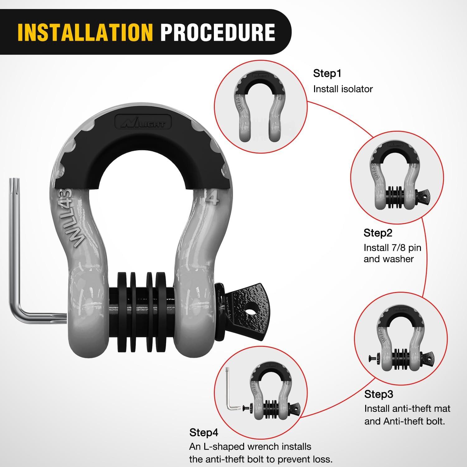 image:imageNilight 34 inch D Ring Shackle 2 Pack 19T 41887 lbs Break Strength 475T WLL Heavy Duty Towing Hook with AntiTheft System AntiRattle Isolators for Truck Jeep SUV ATV UTV Recovery BlackGrey 34 wAntiTheft Shackle