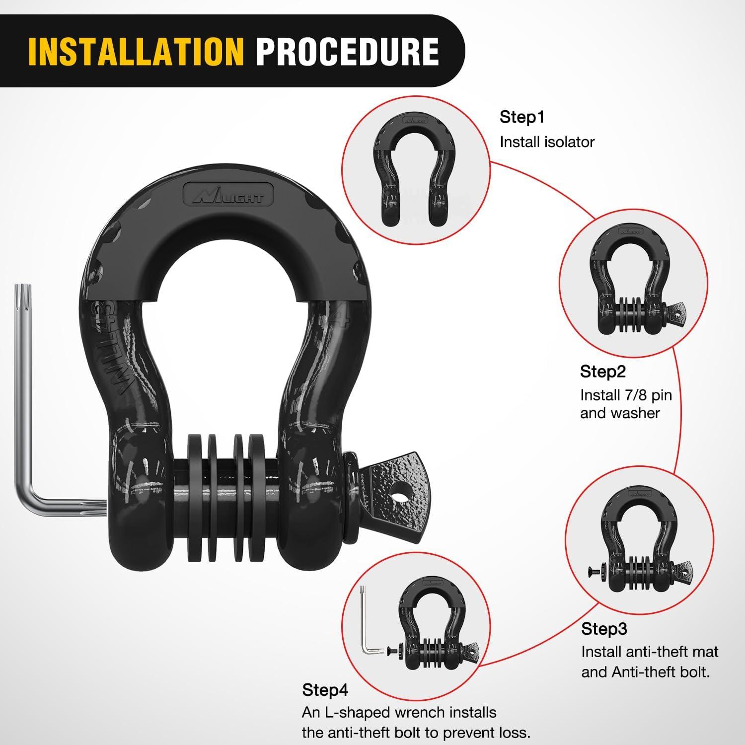 image:imageNilight 34 inch D Ring Shackle 2 Pack 19T 41887 lbs Break Strength 475T WLL Heavy Duty Towing Hook with AntiTheft System AntiRattle Isolators for Truck Jeep SUV ATV UTV Recovery BlackBlack 34 wAntiTheft Shackle