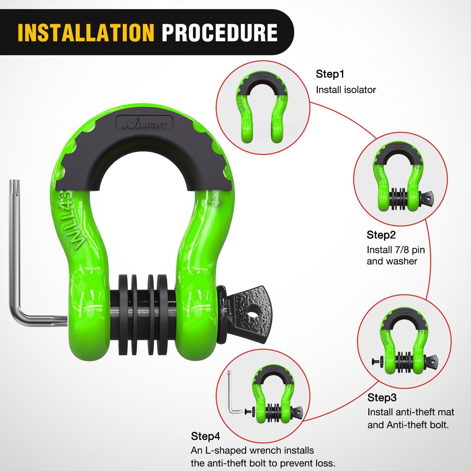 image:imageNilight 34 inch D Ring Shackle 2 Pack 19T 41887 lbs Break Strength 475T WLL Heavy Duty Towing Hook with AntiTheft System AntiRattle Isolators for Truck Jeep SUV ATV UTV Recovery BlackGreen 34 wAntiTheft Shackle