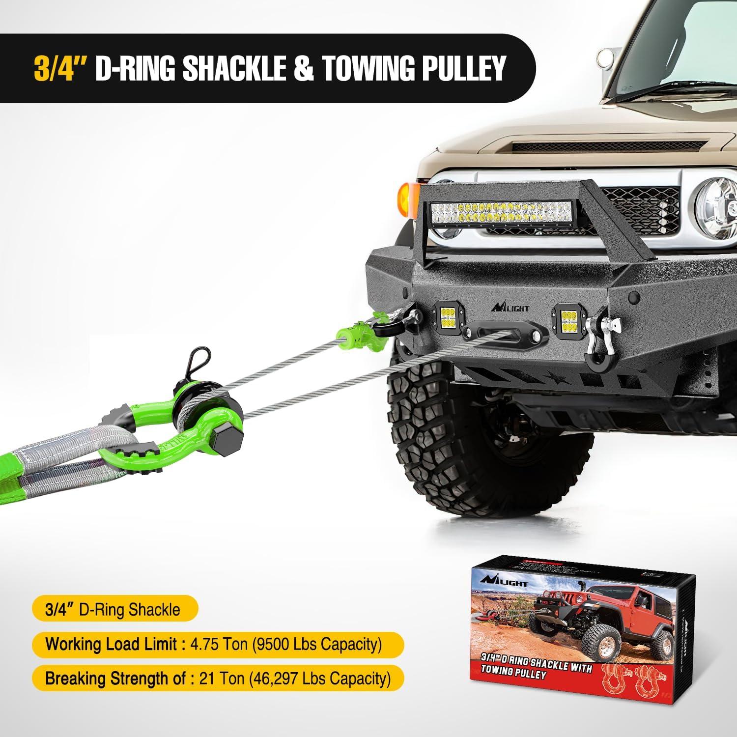 image:imageNilight 34 inch D Ring Shackle 2 Pack 19T 41887 lbs Break Strength 475T WLL Heavy Duty Towing Hook with AntiTheft System AntiRattle Isolators for Truck Jeep SUV ATV UTV Recovery BlackGreen 34 wTowing Pulley 2 Pack