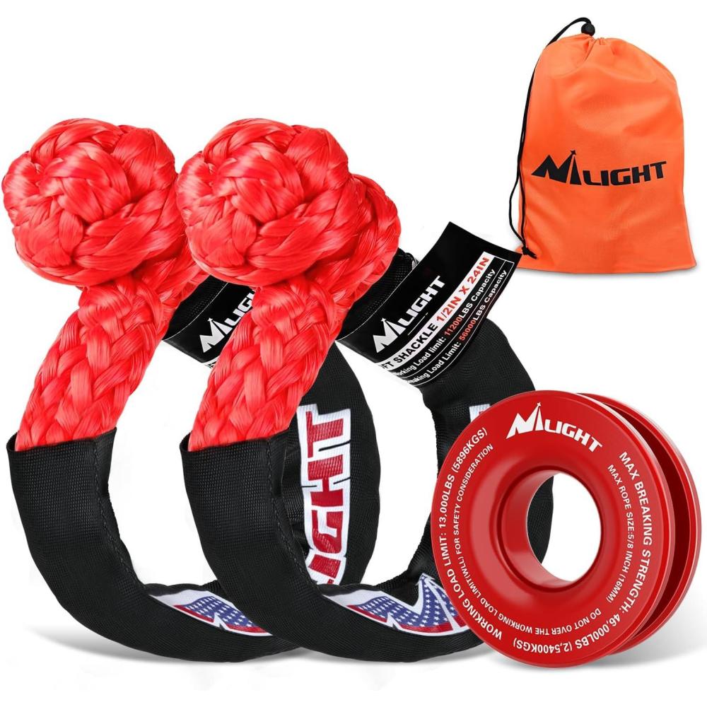 image:imageNilight 2PCS Synthetic Soft Shackle 12 x 24 amp Recovery Ring Kit 56000 LBS Shackle Breaking Strength with 46000 LBS MBS Snatch Pulley for 4x4 Truck SUV ATV UTV OffRoad Vehicle Extraction Gray2Pc Shackles Red Snatch Ring Red
