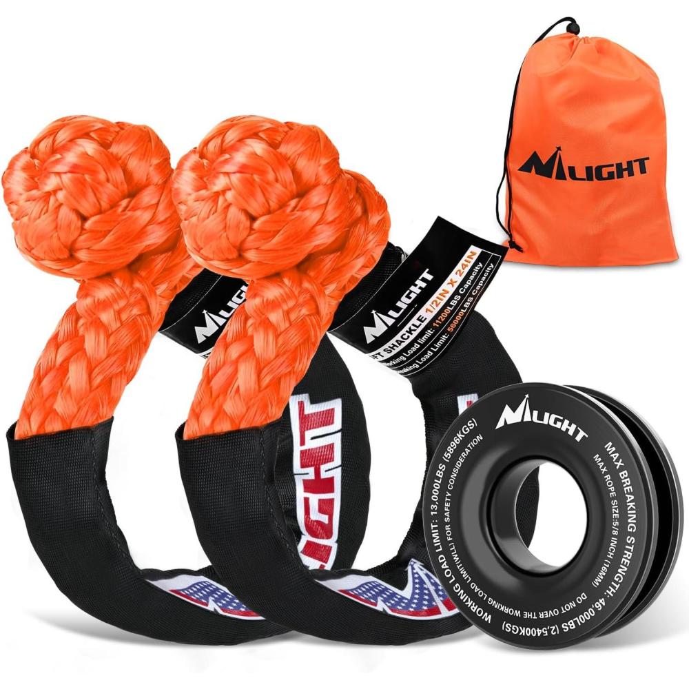 image:imageNilight 2PCS Synthetic Soft Shackle 12 x 24 amp Recovery Ring Kit 56000 LBS Shackle Breaking Strength with 46000 LBS MBS Snatch Pulley for 4x4 Truck SUV ATV UTV OffRoad Vehicle Extraction Gray2Pc Shackles Orange Snatch Ring Black