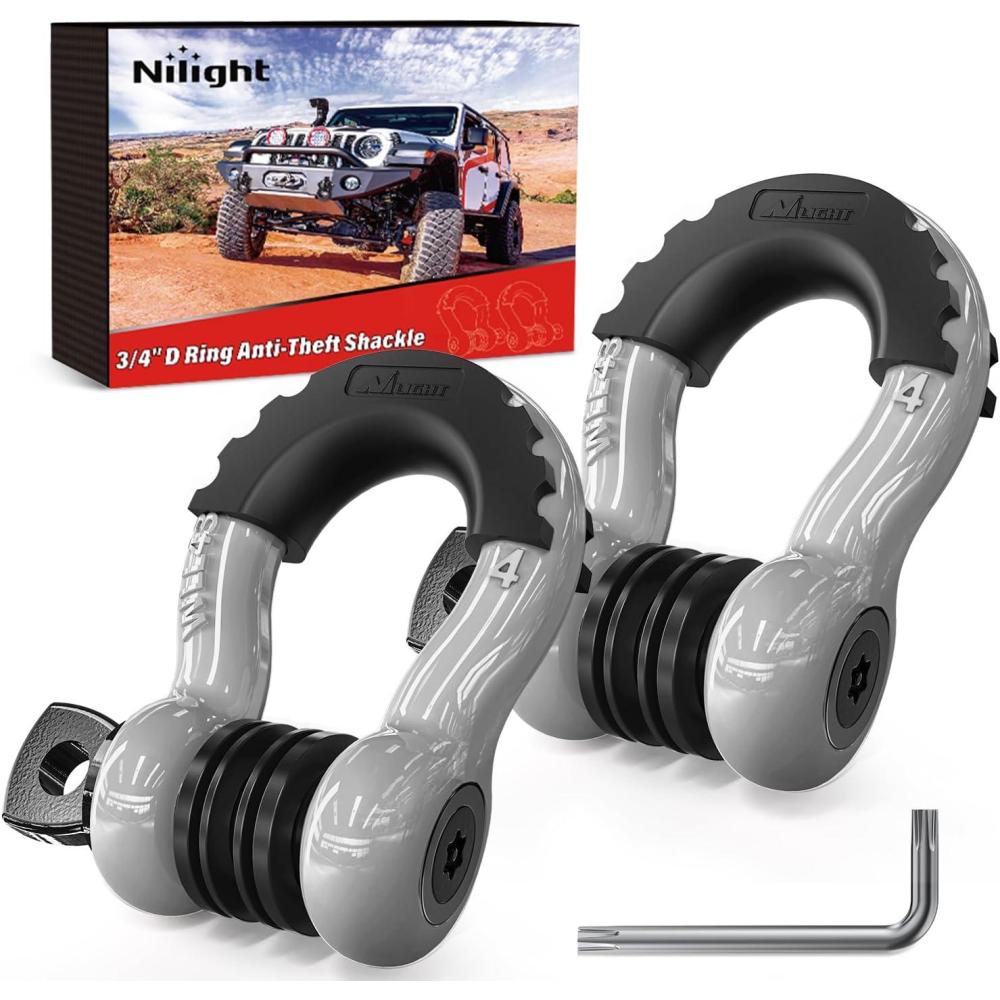 image:imageNilight 34 inch D Ring Shackle 2 Pack 19T 41887 lbs Break Strength 475T WLL Heavy Duty Towing Hook with AntiTheft System AntiRattle Isolators for Truck Jeep SUV ATV UTV Recovery BlackGrey 34 wAntiTheft Shackle