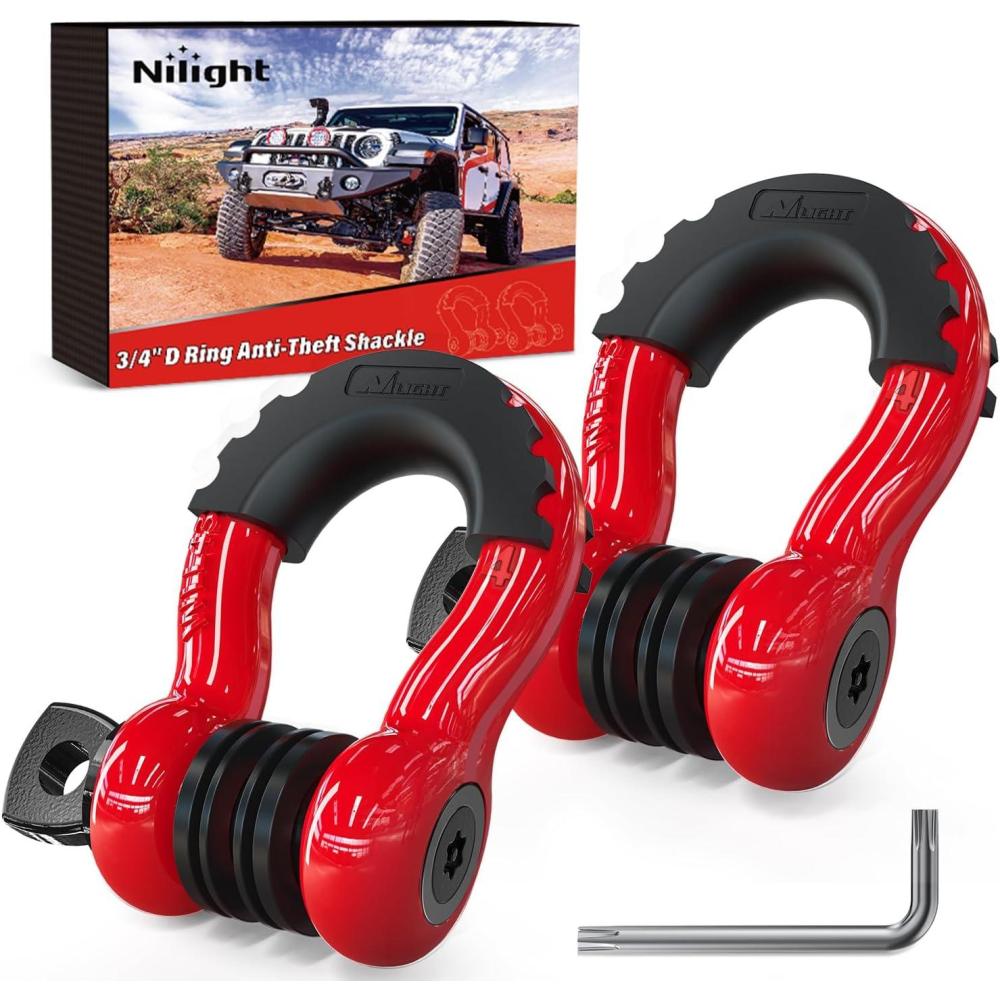 image:imageNilight 34 inch D Ring Shackle 2 Pack 19T 41887 lbs Break Strength 475T WLL Heavy Duty Towing Hook with AntiTheft System AntiRattle Isolators for Truck Jeep SUV ATV UTV Recovery BlackRed 34 wAntiTheft Shackle