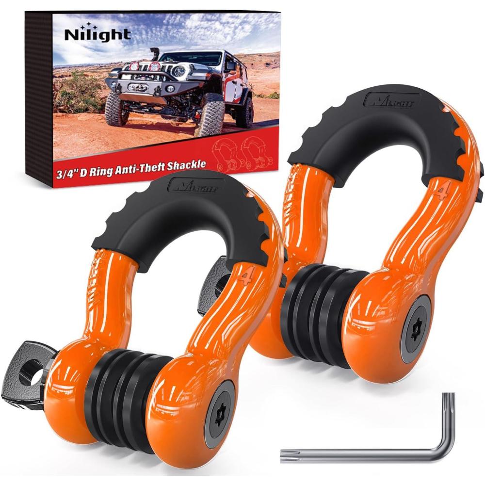image:imageNilight 34 inch D Ring Shackle 2 Pack 19T 41887 lbs Break Strength 475T WLL Heavy Duty Towing Hook with AntiTheft System AntiRattle Isolators for Truck Jeep SUV ATV UTV Recovery BlackOrange 34 wAntiTheft Shackle