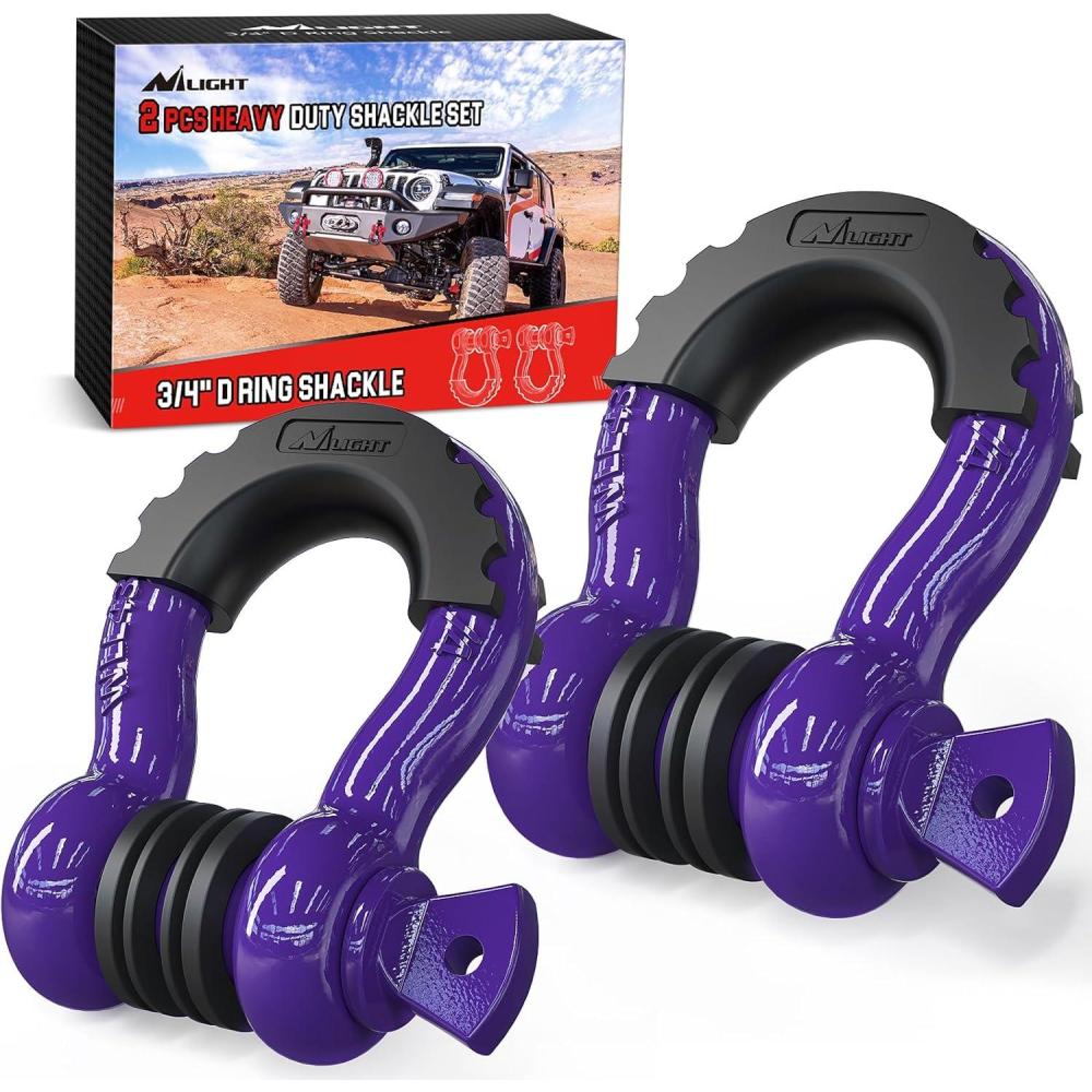 image:imageNilight 34 inch D Ring Shackle 2 Pack 19T 41887 lbs Break Strength 475T WLL Heavy Duty Towing Hook with AntiTheft System AntiRattle Isolators for Truck Jeep SUV ATV UTV Recovery BlackPurple 34 2 Pack