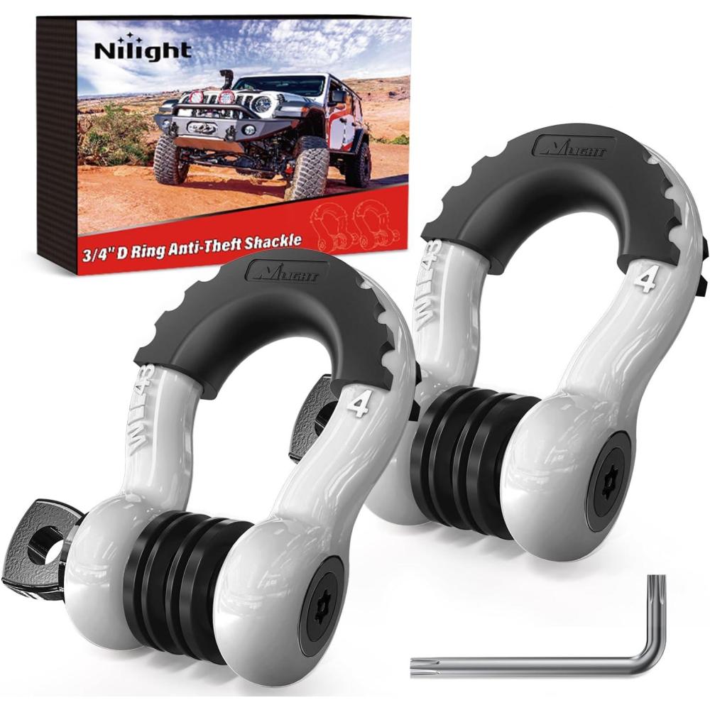 image:imageNilight 34 inch D Ring Shackle 2 Pack 19T 41887 lbs Break Strength 475T WLL Heavy Duty Towing Hook with AntiTheft System AntiRattle Isolators for Truck Jeep SUV ATV UTV Recovery BlackWhite 34 wAntiTheft Shackle