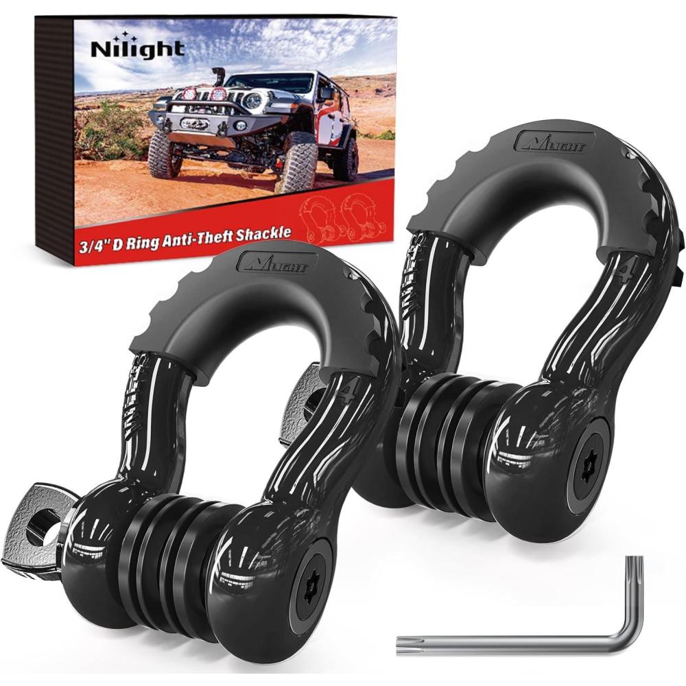 image:imageNilight 34 inch D Ring Shackle 2 Pack 19T 41887 lbs Break Strength 475T WLL Heavy Duty Towing Hook with AntiTheft System AntiRattle Isolators for Truck Jeep SUV ATV UTV Recovery BlackBlack 34 wAntiTheft Shackle