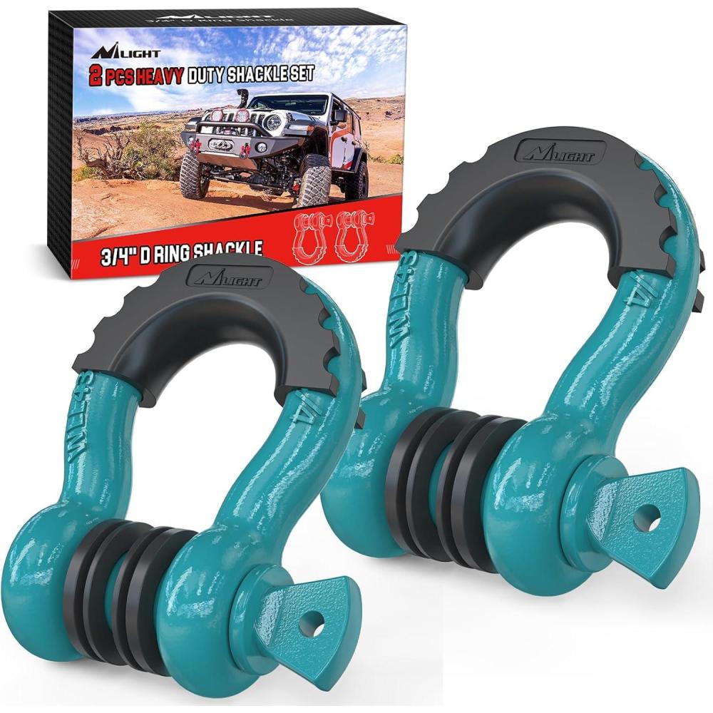 image:imageNilight 34 inch D Ring Shackle 2 Pack 19T 41887 lbs Break Strength 475T WLL Heavy Duty Towing Hook with AntiTheft System AntiRattle Isolators for Truck Jeep SUV ATV UTV Recovery BlackTeal 34 2 Pack