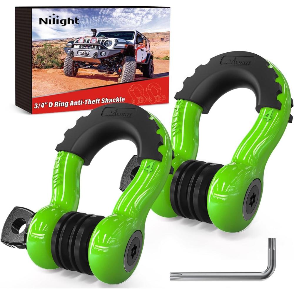 image:imageNilight 34 inch D Ring Shackle 2 Pack 19T 41887 lbs Break Strength 475T WLL Heavy Duty Towing Hook with AntiTheft System AntiRattle Isolators for Truck Jeep SUV ATV UTV Recovery BlackGreen 34 wAntiTheft Shackle