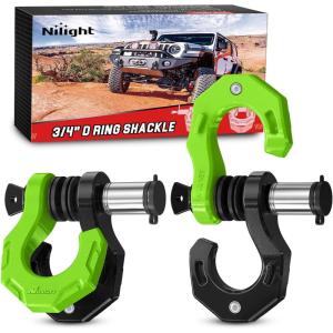 Nilight 2 Pack 3/4″ D-Ring Separate Shackle with 7/8″ Lock Pin 45,000 lbs Break Strength, Off Road Recovery Shackle with Isolators Washers for Use with Tow Strap, Winch, Truck Vehicle (Black&Green)