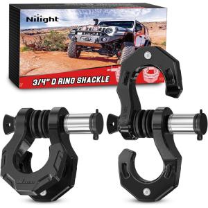 Nilight 2 Pack 3/4″ D-Ring Separate Shackle with 7/8″ Lock Pin 45,000 lbs Break Strength, Off Road Recovery Shackle with Isolators Washers for Use with Tow Strap, Winch, Truck Vehicle (Black)