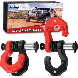 Nilight 2 Pack 3/4″ D-Ring Separate Shackle with 7/8″ Lock Pin 45,000 lbs Break Strength, Off Road Recovery Shackle with Isolators Washers for Use with Tow Strap, Winch, Truck Vehicle (Black&Red)