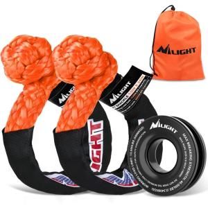 Nilight 2PCS Synthetic Soft Shackle 1/2″ x 24″ & Recovery Ring Kit – 56,000 LBS Shackle Breaking Strength with 46,000 LBS MBS Snatch Pulley for 4×4 Truck SUV ATV UTV Off-Road Vehicle Extraction (Gray)(2Pc Shackles Orange + Snatch Ring Black)