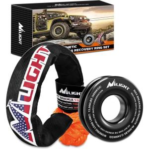 Nilight 2PCS Synthetic Soft Shackle 1/2″ x 24″ & Recovery Ring Kit – 56,000 LBS Shackle Breaking Strength with 46,000 LBS MBS Snatch Pulley for 4×4 Truck SUV ATV UTV Off-Road Vehicle Extraction (Gray)(1Pc Shackles Orange + Snatch Ring)