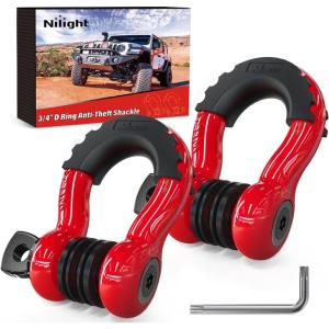 Nilight 3/4 inch D Ring Shackle 2 Pack 19T (41,887 lbs) Break Strength 4.75T WLL Heavy Duty Towing Hook with Anti-Theft System Anti-Rattle Isolators for Truck Jeep SUV ATV UTV Recovery Black(Red 3/4″ w/Anti-Theft Shackle)