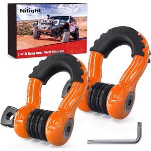 Nilight 3/4 inch D Ring Shackle 2 Pack 19T (41,887 lbs) Break Strength 4.75T WLL Heavy Duty Towing Hook with Anti-Theft System Anti-Rattle Isolators for Truck Jeep SUV ATV UTV Recovery Black(Orange 3/4″ w/Anti-Theft Shackle)