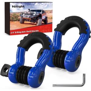 Nilight 3/4 inch D Ring Shackle 2 Pack 19T (41,887 lbs) Break Strength 4.75T WLL Heavy Duty Towing Hook with Anti-Theft System Anti-Rattle Isolators for Truck Jeep SUV ATV UTV Recovery Black(Blue 3/4″ w/Anti-Theft Shackle)