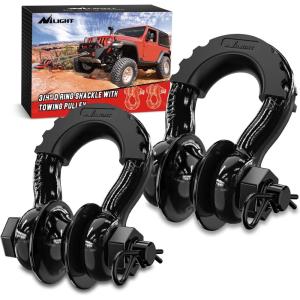 Nilight 3/4 inch D Ring Shackle 2 Pack 19T (41,887 lbs) Break Strength 4.75T WLL Heavy Duty Towing Hook with Anti-Theft System Anti-Rattle Isolators for Truck Jeep SUV ATV UTV Recovery Black(Black 3/4″ w/Towing Pulley 2 Pack)