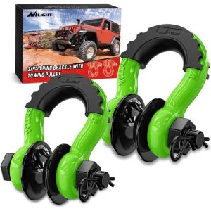 Nilight 3/4 inch D Ring Shackle 2 Pack 19T (41,887 lbs) Break Strength 4.75T WLL Heavy Duty Towing Hook with Anti-Theft System Anti-Rattle Isolators for Truck Jeep SUV ATV UTV Recovery Black(Green 3/4″ w/Towing Pulley 2 Pack)