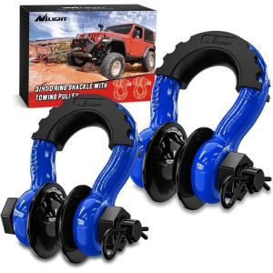 Nilight 3/4 inch D Ring Shackle 2 Pack 19T (41,887 lbs) Break Strength 4.75T WLL Heavy Duty Towing Hook with Anti-Theft System Anti-Rattle Isolators for Truck Jeep SUV ATV UTV Recovery Black(Blue 3/4″ w/Towing Pulley 2 Pack)
