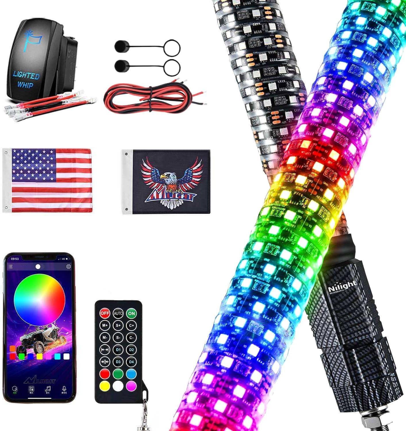 image:imageNilight 1PC 4FT Spiral RGB Led Whip Light with Spring Base Chasing Light RF Remote Control Lighted Antenna Whips for CanAm ATV UTV RZR Polaris Dune Buggy Offroad Truck 2 Years WarrantyRGB FatRemote APP Control