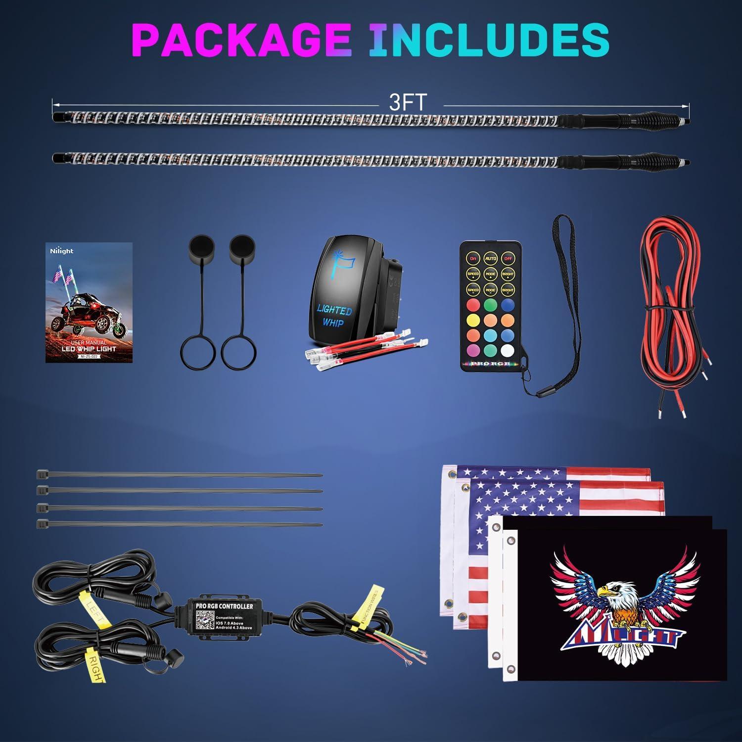 image:imageNilight 1PC 4FT Spiral RGB Led Whip Light with Spring Base Chasing Light RF Remote Control Lighted Antenna Whips for CanAm ATV UTV RZR Polaris Dune Buggy Offroad Truck 2 Years WarrantyRGB COBRemote APP Control