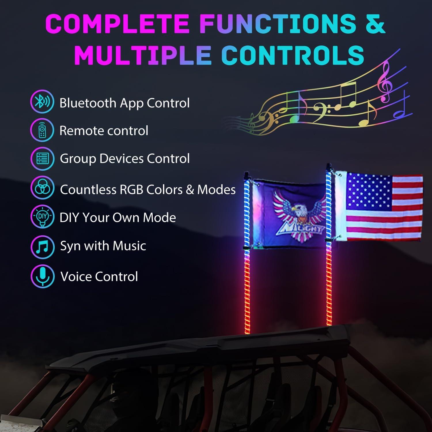 image:imageNilight 1PC 4FT Spiral RGB Led Whip Light with Spring Base Chasing Light RF Remote Control Lighted Antenna Whips for CanAm ATV UTV RZR Polaris Dune Buggy Offroad Truck 2 Years WarrantyRGB COBRemote APP Control